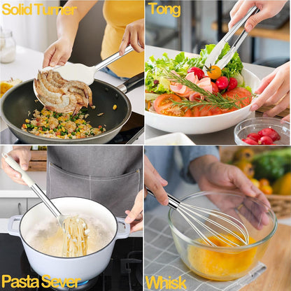 LIANYU 15 Pcs Kitchen Cooking Utensils Set with Holder, Silicone Kitchen Tools with Stainless Steel Handle, Heat Resistant Gadgets, Brush Spatula Spoon Whisk for Cookware, Dishwasher Safe, Khaki