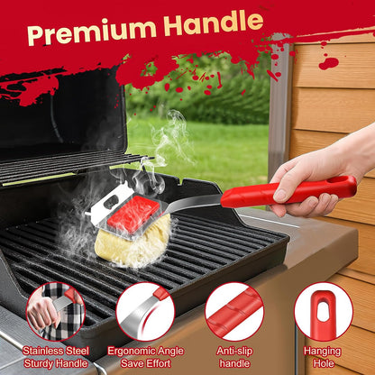 Grill Brush Bristle Free with 5 Replaceable Pads, BBQ Grill Brush Replaceable Cleaning Head, Grill-Cleaner Brush for Cast Iron/Stainless Steel Grates, Gift for Men Dad-Red