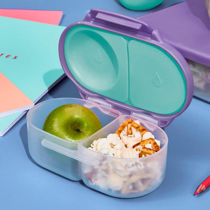 b.box Snack Box 2-Pack - Leak Proof Mini Bento Box for Kids & Toddlers, 2 Compartment Snack Containers for Kids, Dishwasher Safe, BPA-Free, PFAS-Free, Ages 4mo+, 1 3/4 Cup Each (Strawberry + Lilac)