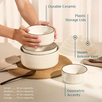 KooK Serving Bowls, with Lids, Ceramic Nesting Bowls, Set of 4, Embossed, Kitchen, Prep, Stackable, Gift, Microwave and Dishwasher Safe, 10/16/29/47 oz, Narbonne Collection (Ivory)