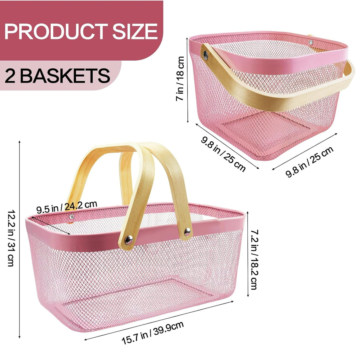 Cheardia 2 Pack Picnic Baskets, Metal Mesh Harvest Basket with Foldable Wooden Handle, Rectangle Garden Storage Basket Bin for Vegetable Fruit Garden Kitchen Cabinet Picking Gathering