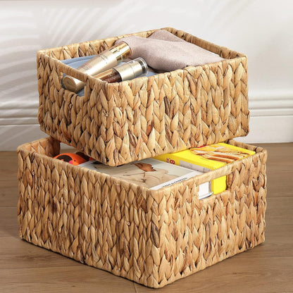 HOONEX Water Hyacinth Storage Baskets, Wicker Baskets for Storage, Hand Woven Baskets with Carry Handles, Set of 2, Natural