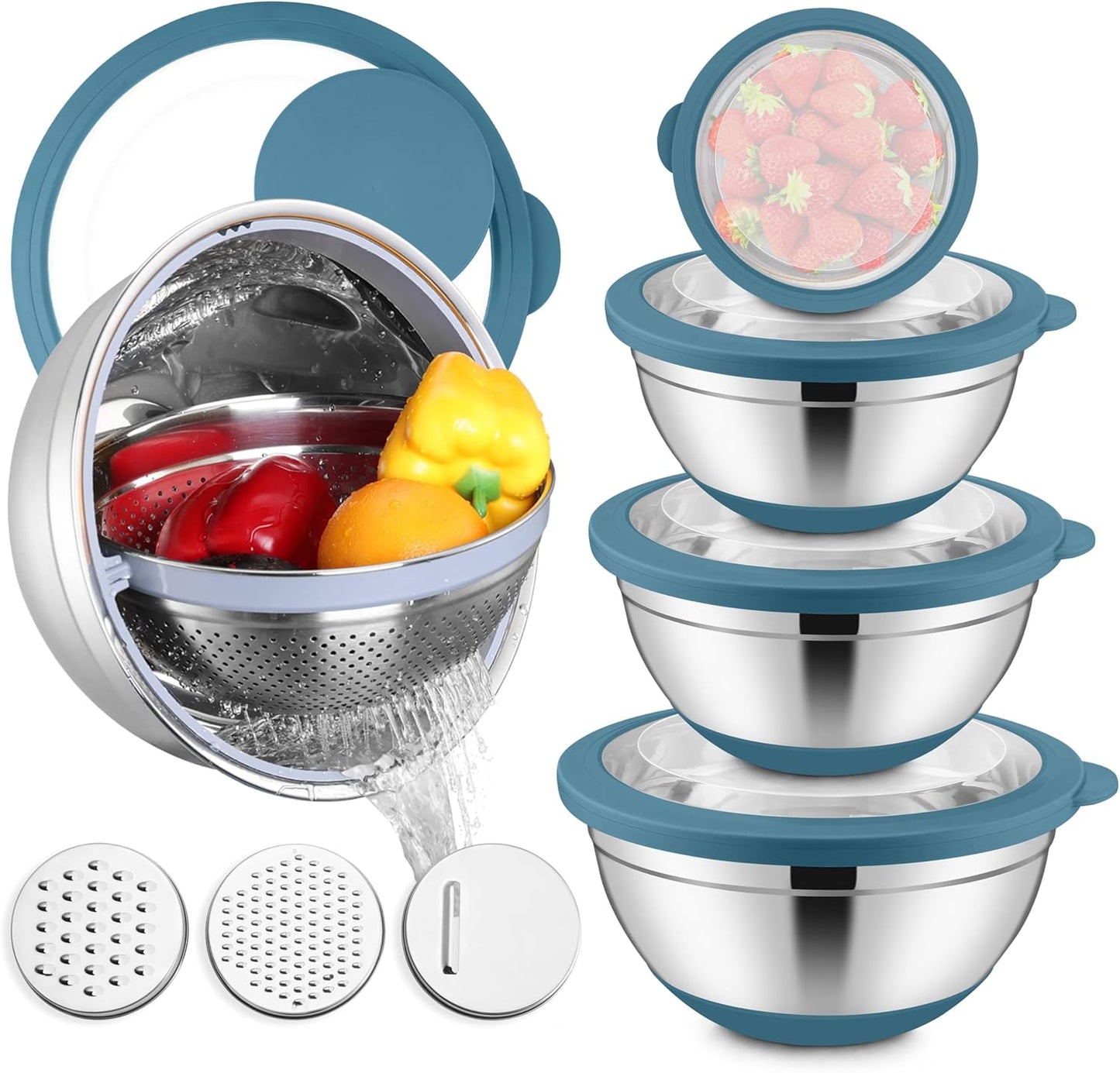 E-far Mixing Bowls with Lids Set, 15PCS Stainless Steel Mixing Nesting Bowl with Colander & 3 Metal Grater for Kitchen Prep/Baking/Storage, Non-Slip Bottom & Airtight Lid, 4.6, 3, 1.5, 1, 0.7QT, Black