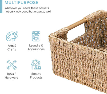 VATIMA Water Hyacinth Storage Baskets with Large Open-Front for Kitchen, Decorative for Living Room, 13.4” x 9.5” x 5.5”, 2 Pack
