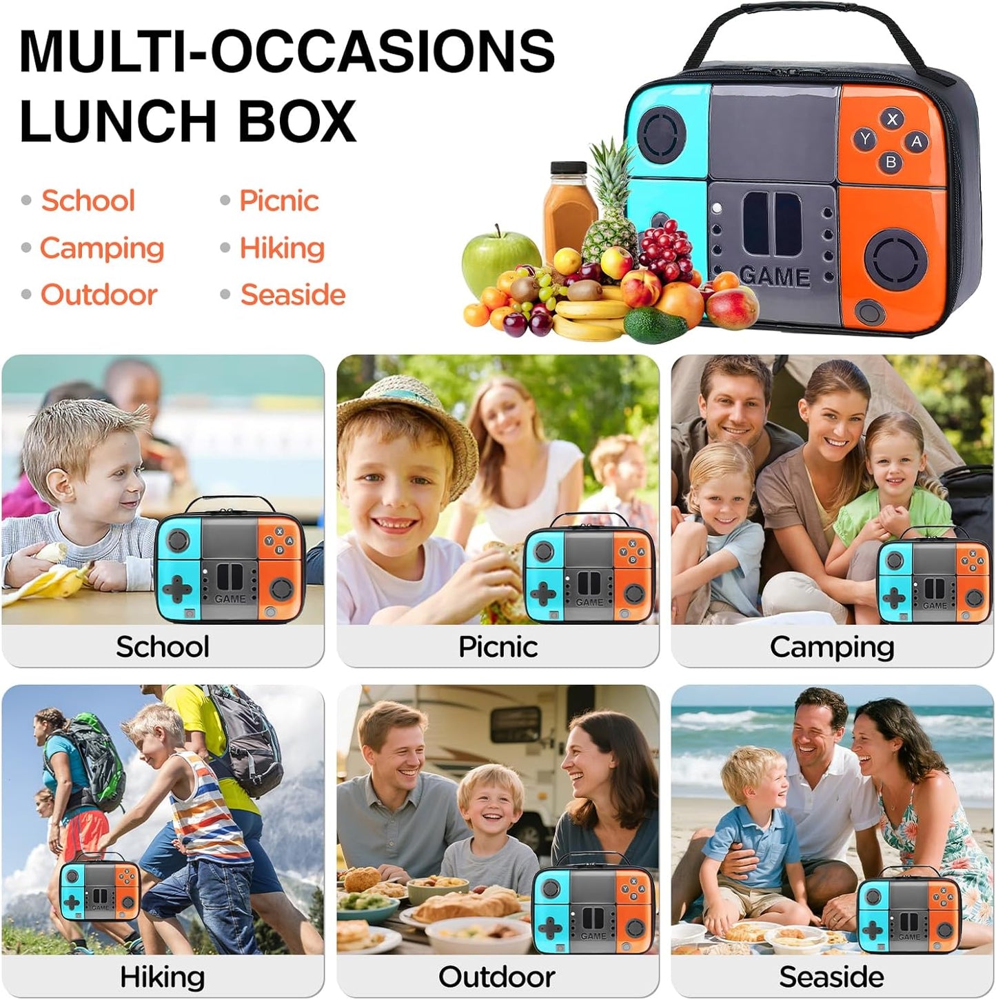 Kids Gamer Lunch Box for Boys, Game Console Insulated Lunch Bag, PU Leather Waterproof Lunchbox with Mesh Pocket, Durable Leakproof Lunch Tote Fits Bento Box for School