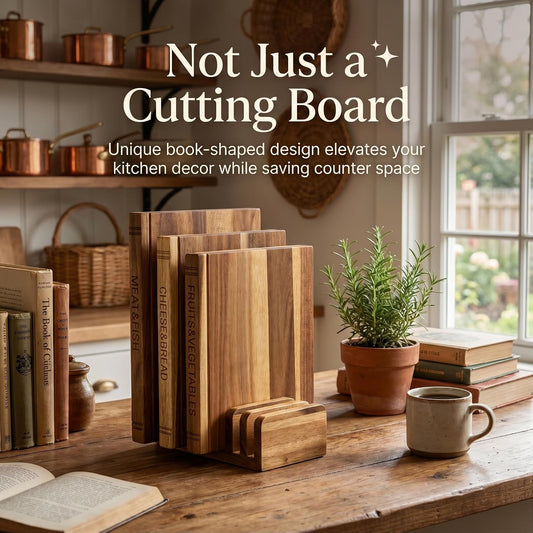 3-Piece 0.6in thickness Book Shaped Cutting Board Set - Food Safe, Non-Slip Chopping Boards for Kitchen Organization and Stylish Serving,Acacia Wood