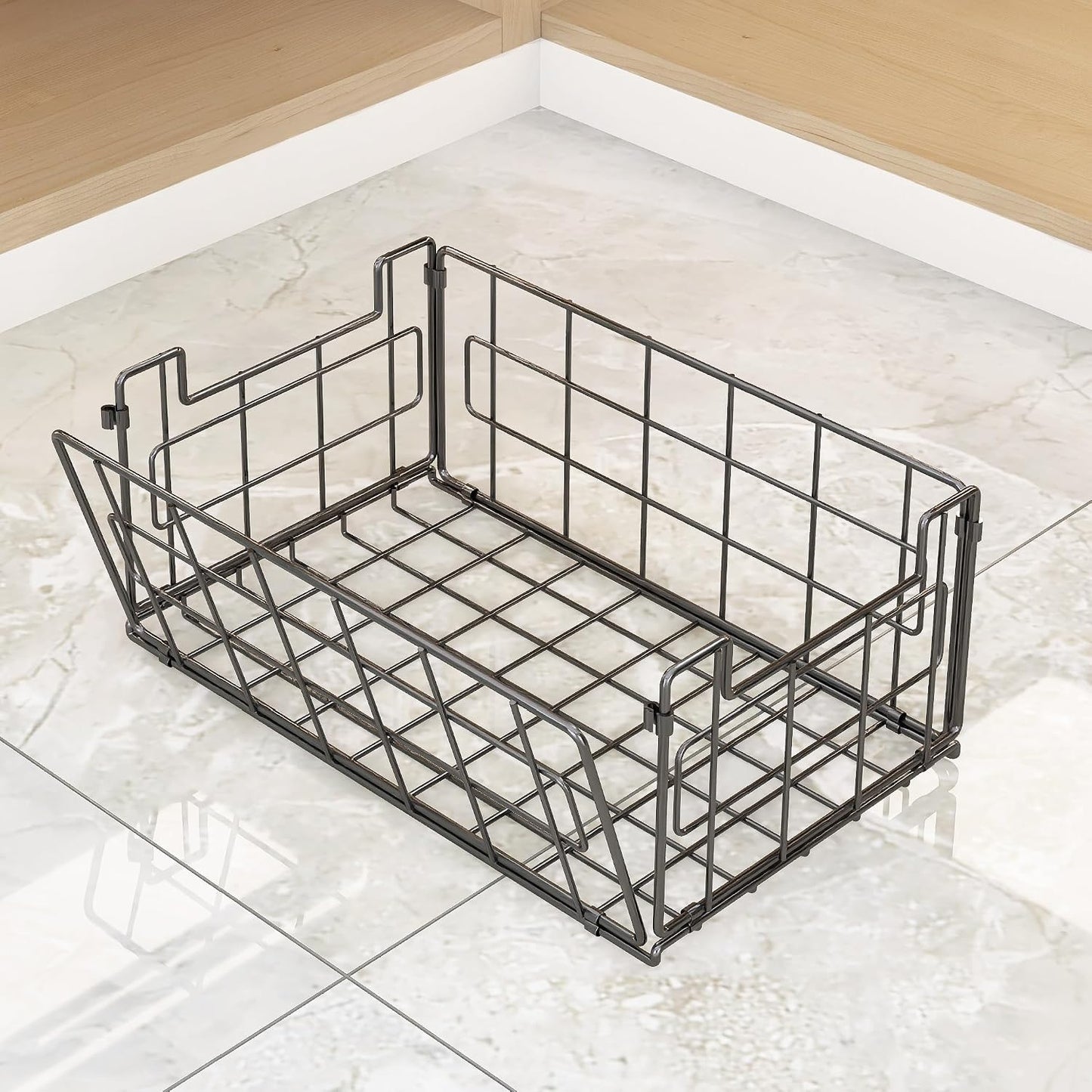 2Pack Wire Storage Bins Baskets,13.8inch Large Foldable Organizer Multipurpose Steel Basket Pantry Storage Bin Rack with Handle for Kitchen Cabinets, Pantry, Freezer, Bathroom,Closets 35x21.5x16 cm