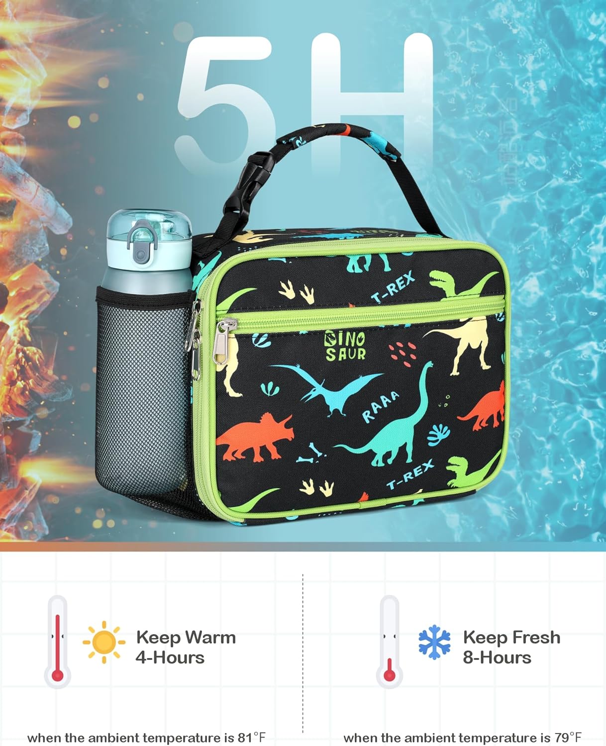 Bagseri Kids Lunch Bag Boys - Thermal Insulated Lunch Box Tote with Water Bottle Holder, Reusable Leak-Proof Kids Lunch Box for Daycare & School, Black Dinosaur (Containers Not Included)