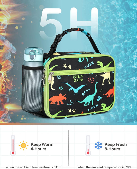 Bagseri Kids Lunch Bag Boys - Thermal Insulated Lunch Box Tote with Water Bottle Holder, Reusable Leak-Proof Kids Lunch Box for Daycare & School, Black Dinosaur (Containers Not Included)