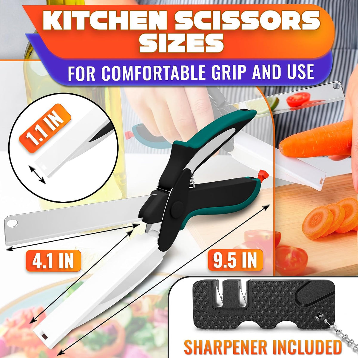 2 in 1 Kitchen Scissors for Food with Knife Sharpener (Grey)