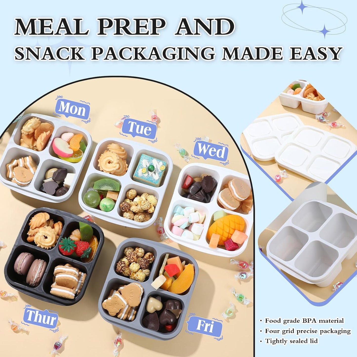Honeydak 10 Pack Bento Snack Containers 4 Compartment Snack Boxes Reusable Containers with Lids Divided Meal Prep Lunch Food Storage Box for School Work Travel