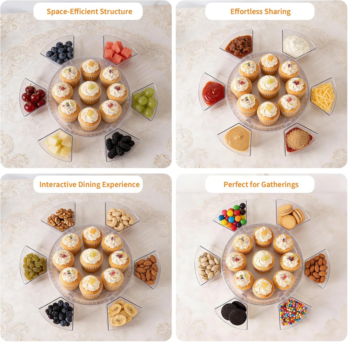 Aufind Divided Serving Tray with Lid and Handle, Stackable Snackle Box Container for Fruits Candy Veggies, Portable Spinning Rounded Tray with 6 Removable Dip Bowls