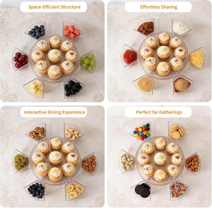 Aufind Divided Serving Tray with Lid and Handle, Stackable Snackle Box Container for Fruits Candy Veggies, Portable Spinning Rounded Tray with 6 Removable Dip Bowls