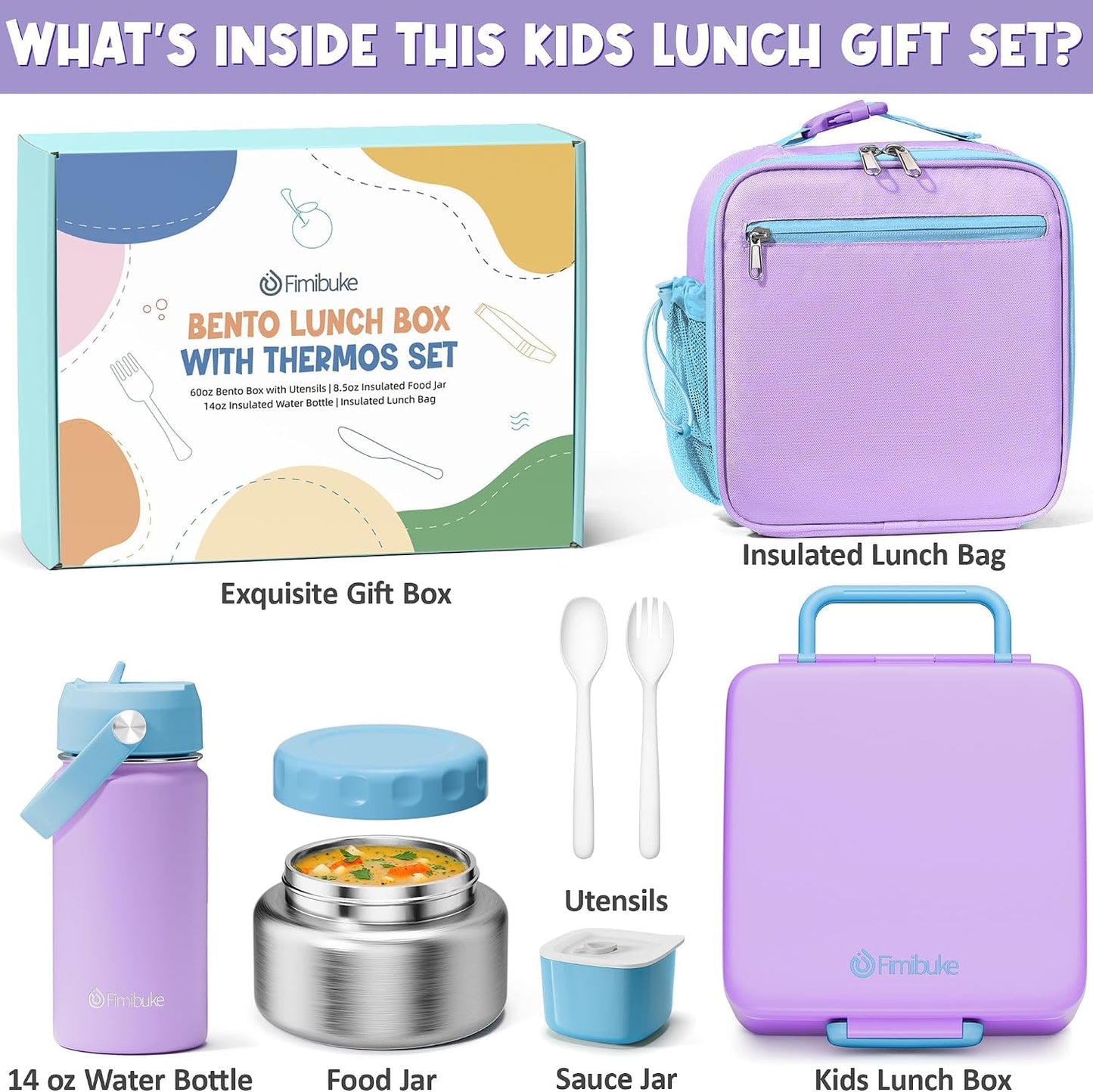 Fimibuke Kids Bento Lunch Box with Thermo, Leakproof Toddler Bento Box with 8.5 OZ Insulated Food Jar, Lunch Bag, Kids Water Bottle, 3 or 4 Compartment Container for Back to School Toddler Girls Boys
