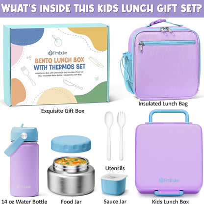 Fimibuke Kids Bento Lunch Box with Thermo, Leakproof Toddler Bento Box with 8.5 OZ Insulated Food Jar, Lunch Bag, Kids Water Bottle, 3 or 4 Compartment Container for Back to School Toddler Girls Boys