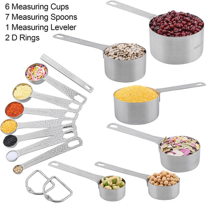 Measuring Cups and Spoons Set of 14, 18/8 Stainless Steel Measuring Cups Spoons Set, 6 Measure Cups and 7 Measure Spoons with Leveler