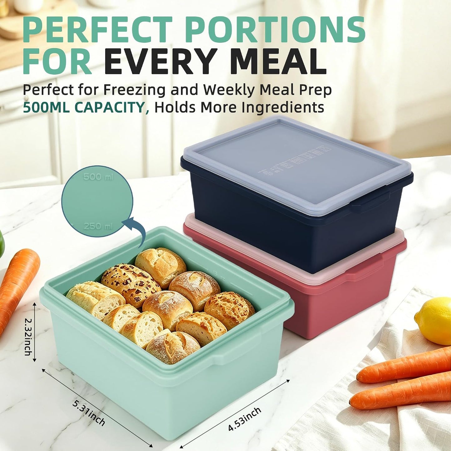 Silicone Soup Freezer Molds with Lids, 2-Cup silicone freezer molds for Meal Prep, BPA-Free, Stackable, Perfect for lasagna, Individual Portions, Baked Goods and More, Microwave & Oven Safe - 6 Pack