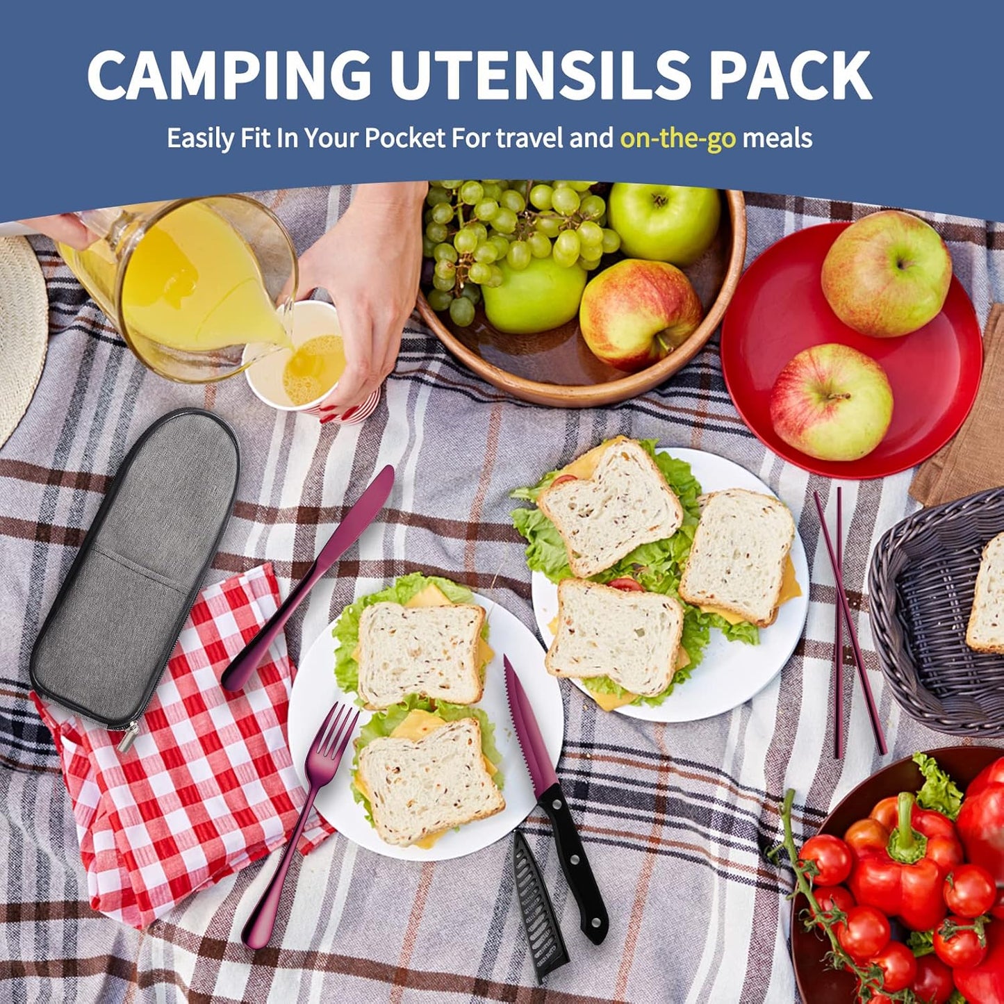 Logcow Travel Utensils Set with Case, 10-Piece Reusable Stainless Steel Camping Cutlery, Portable Fork Spoon Knife Chopsticks & Straw for Work, Lunch, Picnic (Rainbow)
