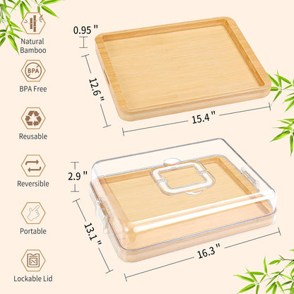 CAWIU Portable Travel Charcuterie Board with Lid and Handle - Large Bamboo Cheese Board with 4 Cheese Knife Set for Outdoor, Picnics - Weddings, House Warming Gift for Women (1 Compartment, White)