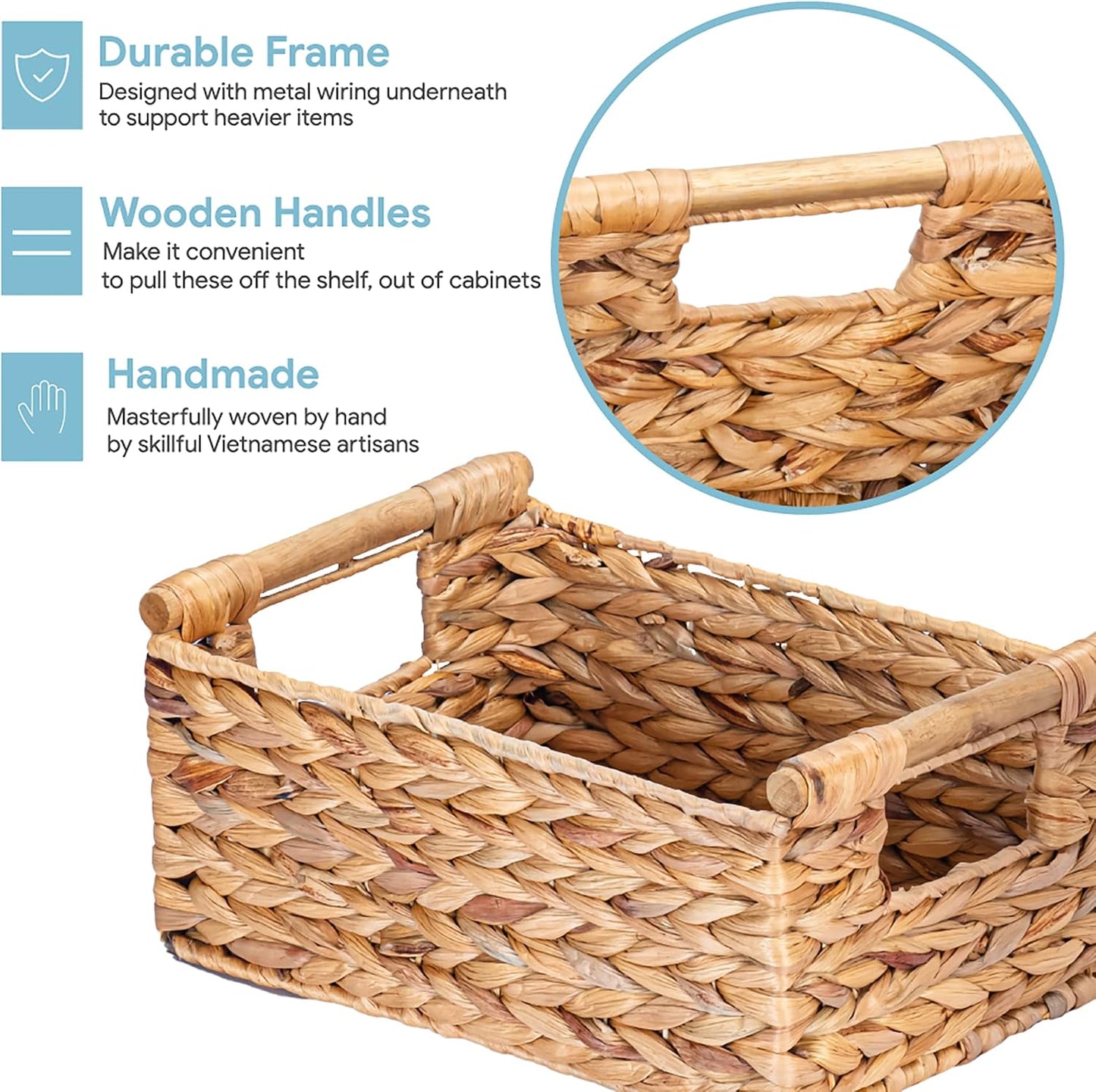 VATIMA Water Hyacinth Storage Baskets with Large Open-Front for Kitchen, Decorative for Living Room, 13.4” x 9.5” x 5.5”, 2 Pack