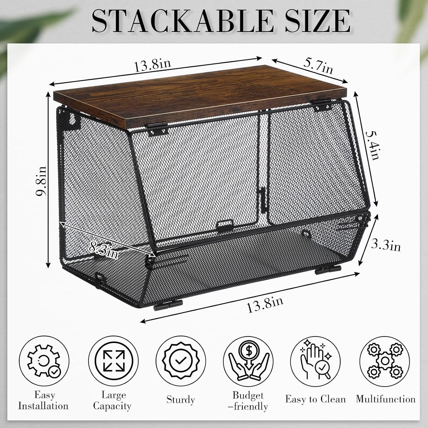 Teenyyou 2 Pcs Stackable Mesh Fruit Basket with Lid Wall Produce Vegetable Storage Basket Onion Potato Hanging Metal Wire Container for Kitchen Counter Pantry(Non-removable,Black,8.3" w & 13.8" l)