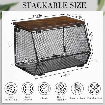 Teenyyou 2 Pcs Stackable Mesh Fruit Basket with Lid Wall Produce Vegetable Storage Basket Onion Potato Hanging Metal Wire Container for Kitchen Counter Pantry(Non-removable,Black,8.3" w & 13.8" l)