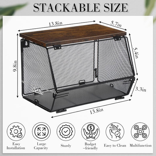 Teenyyou 2 Pcs Stackable Mesh Fruit Basket with Lid Wall Produce Vegetable Storage Basket Onion Potato Hanging Metal Wire Container for Kitchen Counter Pantry(Non-removable,Black,8.3" w & 13.8" l)