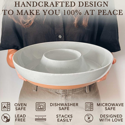 Mora Ceramic Chips and Dip Serving Tray: Large Divided Party Bowl Set for Chips & Salsa, Veggies & Dip, Fruit, Snacks, Entertaining, Hosting, etc. Minimalist Design for the Modern Hostess - White
