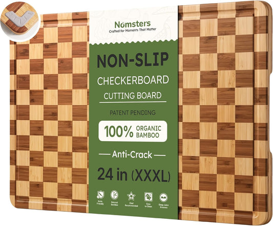 3 Pack Bamboo Cutting Board Set Checkered Wooden Cutting Board for Kitchen Non Toxic Charcuterie Board Serving Non Slip End Grain Wood Chopping Board for Meat Fruit Cheese Kitchen Housewarming Gift