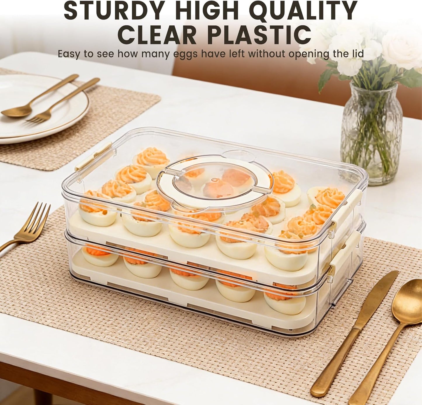 2-Layer Deviled Egg Containers with Lid, Plastic Deviled Egg Platter Tray Carrier with Handle for 40 Eggs, Clear Portable Stackable Egg Holder Storage for Fridge Party Picnic (2 layers)