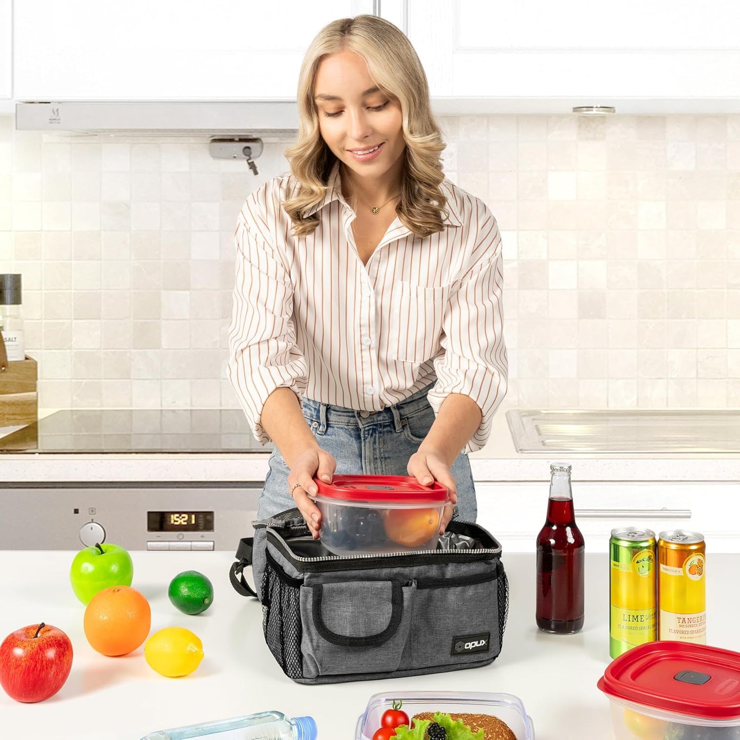 opux Insulated Lunch Bag Women Men, Dual Compartment Leakproof Lunch Box Adults Kids, Double Decker Meal Prep Bento Lunch Cooler Tote with Shoulder Strap for Work Office School Travel, Floral Purple