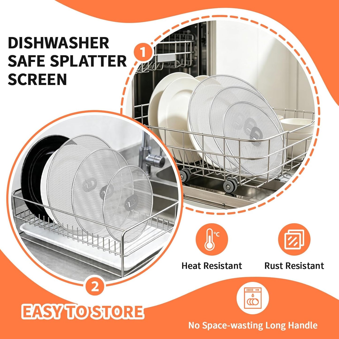Splatter Screen for Frying Pan Set, 3 Pack 10"/11.5"/13" 304 Stainless Steel Grease Splatter Guard with Foldable Handle & Silicone Oven Mitts, Dishwasher Safe
