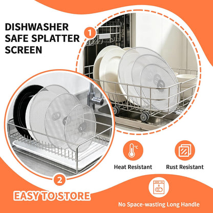 Splatter Screen for Frying Pan Set, 3 Pack 10"/11.5"/13" 304 Stainless Steel Grease Splatter Guard with Foldable Handle & Silicone Oven Mitts, Dishwasher Safe