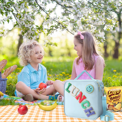 Insulated Lunch Bag With Adjustable Shoulder Strap, Nylon Preppy Lunch Box Large Insulated Lunch Bag Reusable Lunch Tote Bag with Smiley Preppy LunchBag for Girls School Travel Picnic (Green)