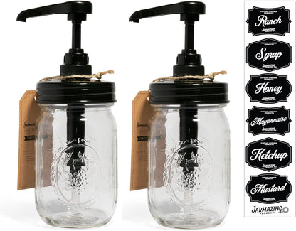 Jarmazing Products Mason Jar Syrup Dispenser - Set of 2 – 16 oz Ball Jars with Rust-Proof, Leak-Proof, Food Grade Pumps for Honey, Syrups, Condiments, Salad Dressings and More