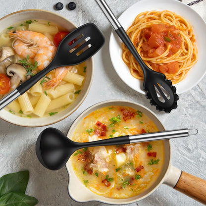 Silicone Kitchen Utensils Set, 5 PCS Heat Resistant Non Stick Cooking Tools, Silicone Spatula/Turner/Serving Spoon/Soup Ladle/Slotted Spoon, for Home and Camping