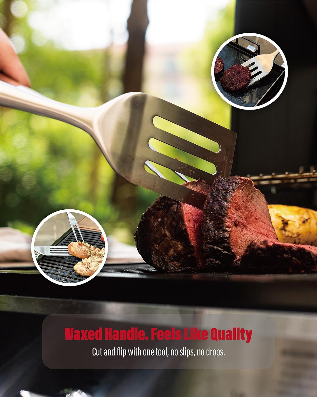 GRILAZ Heavy-Duty Rose Wooden BBQ Grilling Tools Set. Extra Thick Stainless Steel Multi-Function Spatula, Fork & Tongs | Essential Accessories for Barbecue & Grill. Ideal Gift for Father…