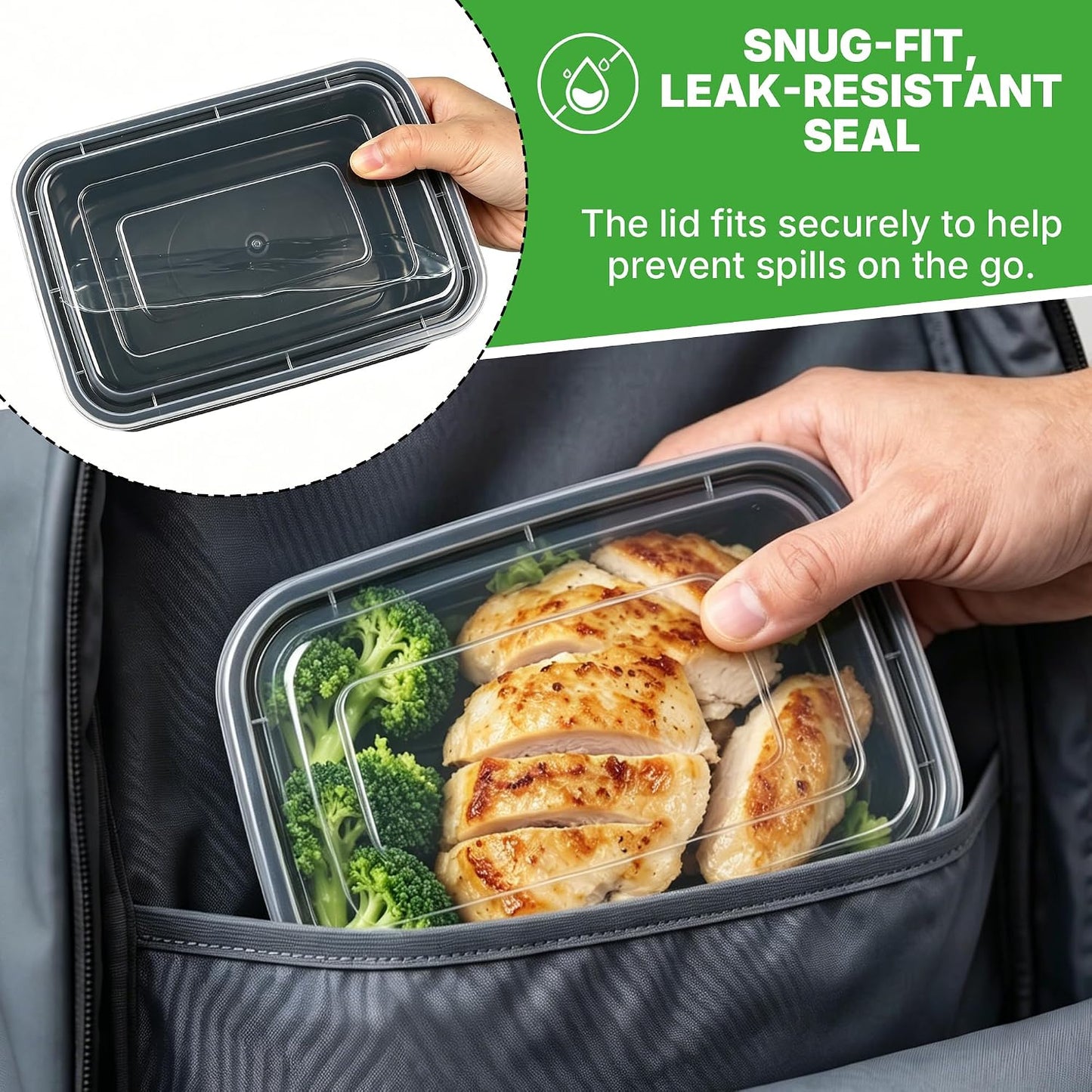 50 Pack (100-Piece) Meal Prep Containers with Lids, Reusable 2-Compartment Food Storage, Sturdy Leakproof, Food Safe, Microwave Freezer Dishwasher Safe, To-Go Takeout Plastic Containers – 60828