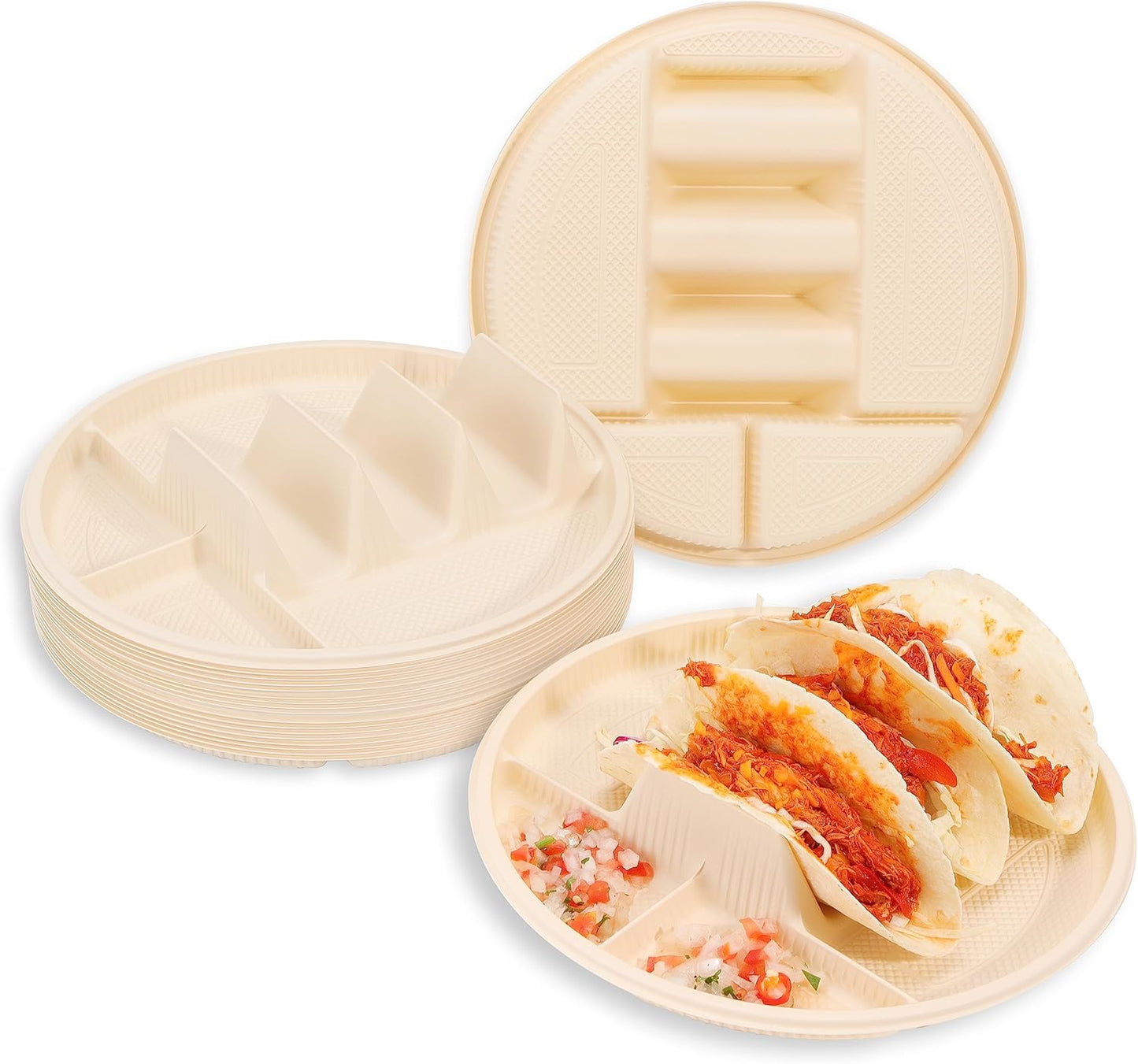 Small Disposable Taco Plates With Dipping Sides - 50 Pack, Biodegradable Cornstarch Taco Holder, Mini Size Fit 4-6 Inch Street Tortilla Shells, Sturdy & Microwave Safe, Bar Serving Set For A Party
