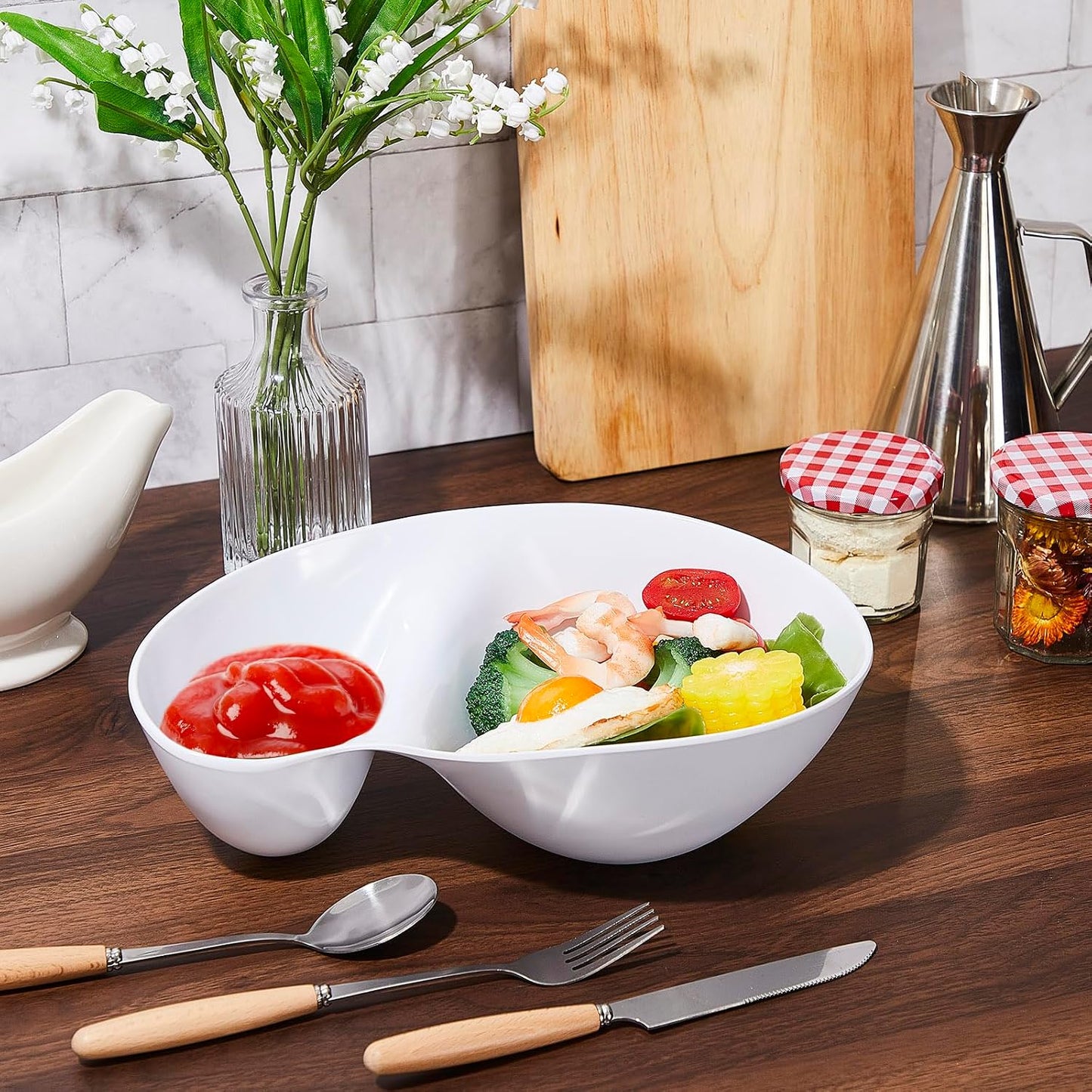 2 Pcs Chip and Dip Bowl Chip and Dip Serving Tray Set 11'' Large Divided Platter 18oz & 5oz Compartment Serving Dish Melamine Dumpling Plate for Easter Party Appetizer Salad Snack Fruit Taco White