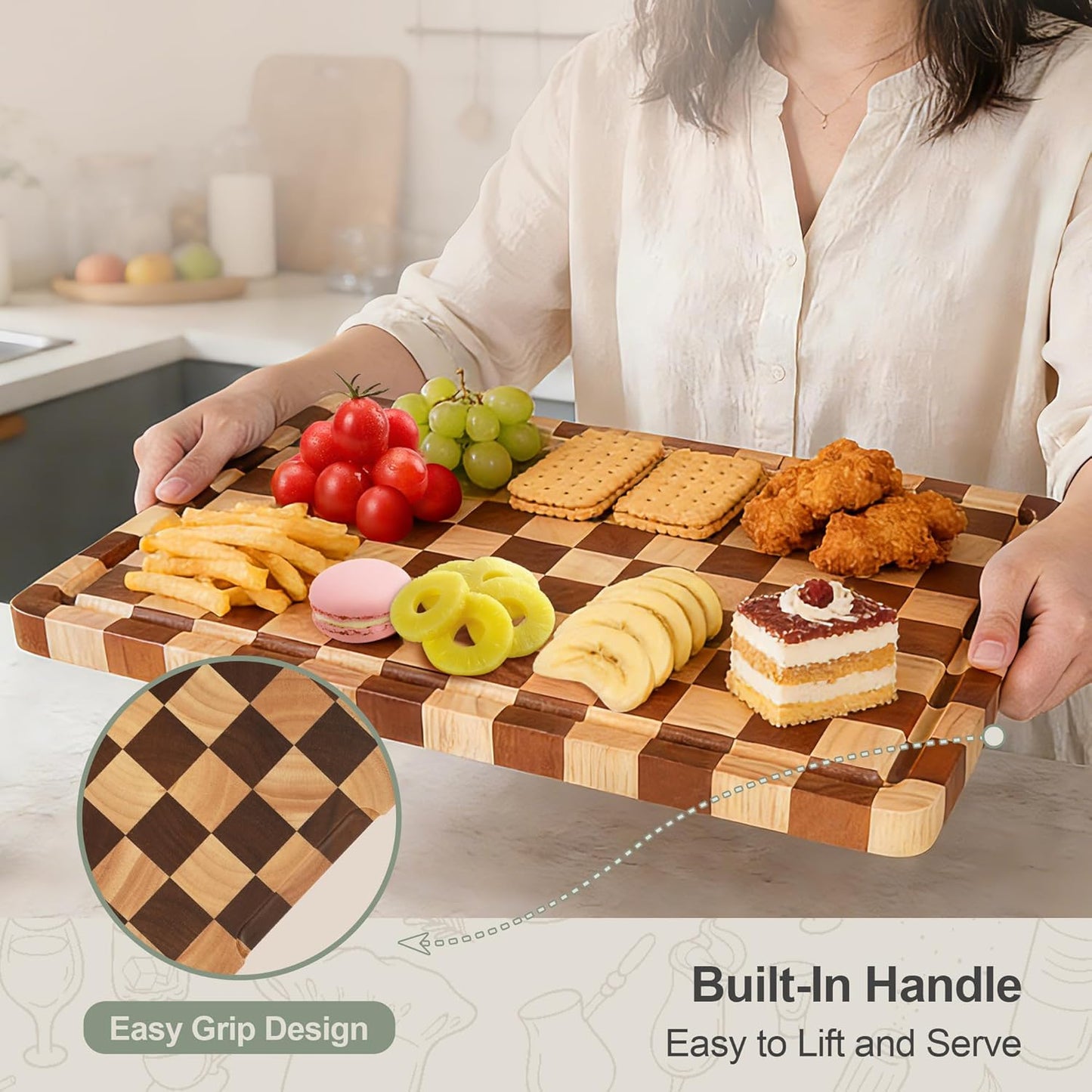 Cutting Board Set of 2 – Checkered Wood & Acrylic Cutting Board with Counter Lip for Kitchen Counter, Wood Checkerboard Chopping Board with Juice Grooves for Vegetables, Fruits, Meat