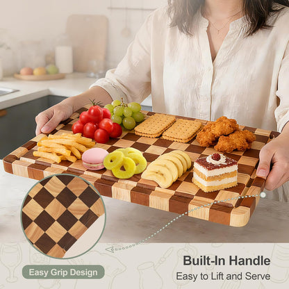 Cutting Board Set of 2 – Checkered Wood & Acrylic Cutting Board with Counter Lip for Kitchen Counter, Wood Checkerboard Chopping Board with Juice Grooves for Vegetables, Fruits, Meat