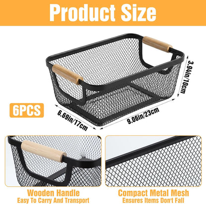 6 Pack Wire Baskets for Storage, Metal Storage Basket with Wooden Handles, Kitchen Basket for Pantry Organization, Black Wire Mesh Bins for Cabinet, Fridge, Fruit, Snacks, and Office Supplies