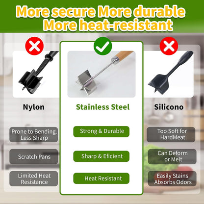 304 Stainless Steel Meat Chopper Meat Masher, 6 Curved Blades 10.5 Inch Ground Beef Chopper Tool, Hamburger Smasher, Potato Masher Durable Multi-Purpose Kitchen Tool Dishwasher Safe