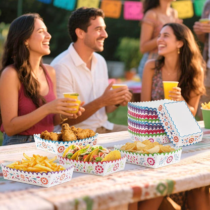 Mexican Taco Nights Food Trays - 60Pcs Mexican Flowers Wavy Edge Unassembled Tray Nacho Snack Candy Holder Disposable Paper Plate Holiday Birthday Carnival Party Supplies Food Container