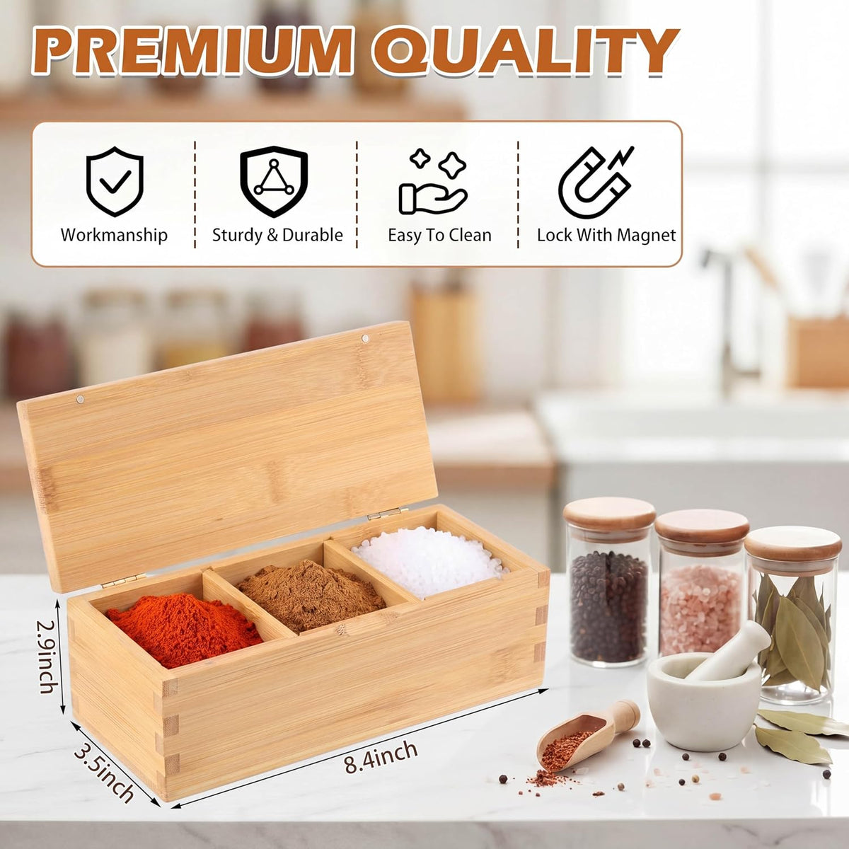 Acacia Wood Salt Cellar Spice Box with Magnetic Lid 29oz Large Capacity Salt Organizer 3 Compartments for Kitchen Countertop, Pepper, Seasonings, Spices, Grilling & Cooking