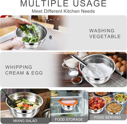 HaWare Mixing Bowls with Airtight Clear Lids, 6-Piece Stainless Steel Strong Nesting Bowls Set, Metal Salad Bowl for Cooking, Prepping, Baking, Serving & Food Storage, Size 4.6, 3, 1.5QT, Khaki