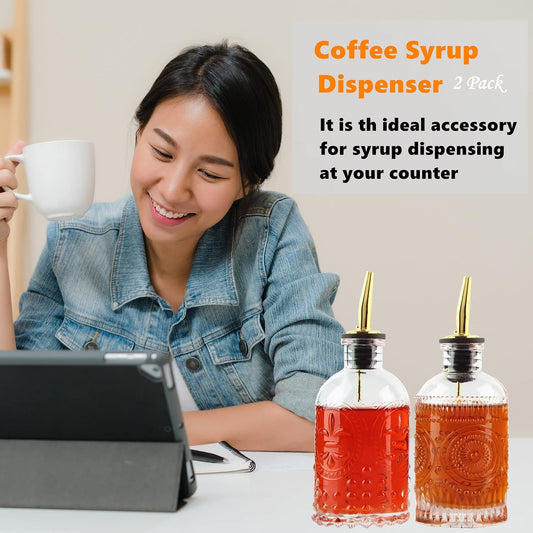 Shining Craft Coffee Syrup Dispenser Bottles Set 2 Pack 7 OZ Simple Small Syrup Bottles Set with Metal Pour Spout Ideal for Coffee Syrups, Condiments, Coffee bar, SC056 (2 pack)
