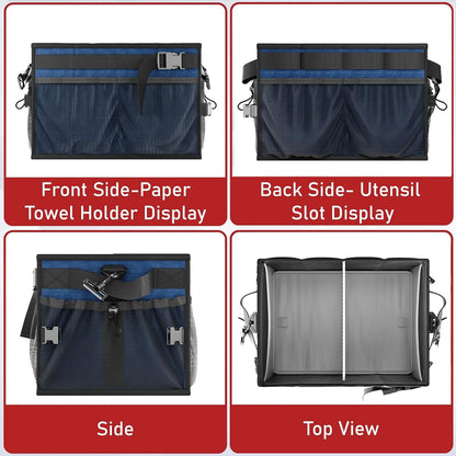 FANGSUN Black Grill Caddy, BBQ Organizer with Lid & Paper Towel Holder, Picnic Griddle Caddy for Outdoor Camping, Barbecue Accessories Organizer, 32L Capacity, Black