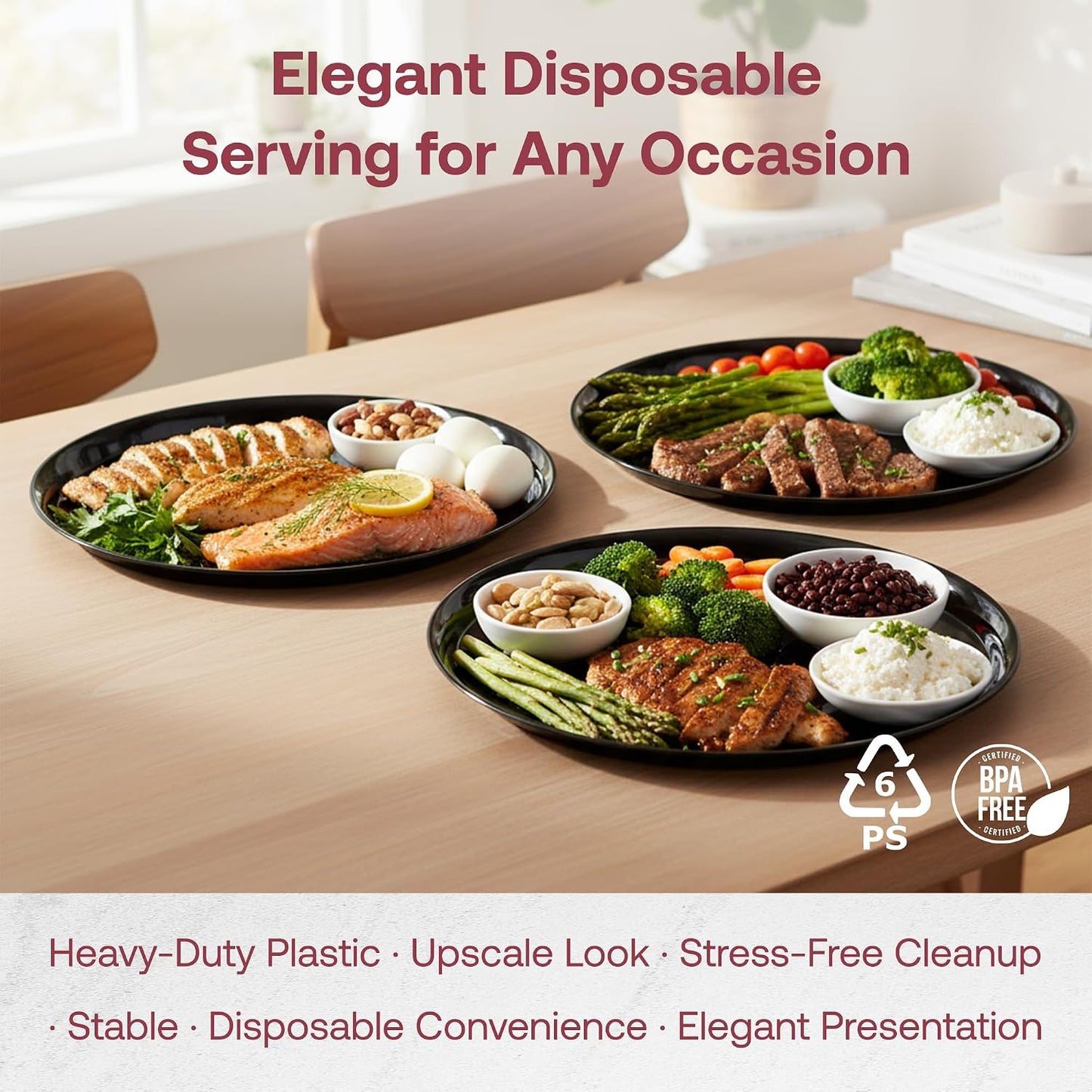 Smarty Had A Party 12 Inch Black Round Plastic Serving Tray – Heavy-Duty Party Platters & Catering Trays, Reusable or Disposable Plastic Trays for Serving Food, Elegant Party Tray Set of 25